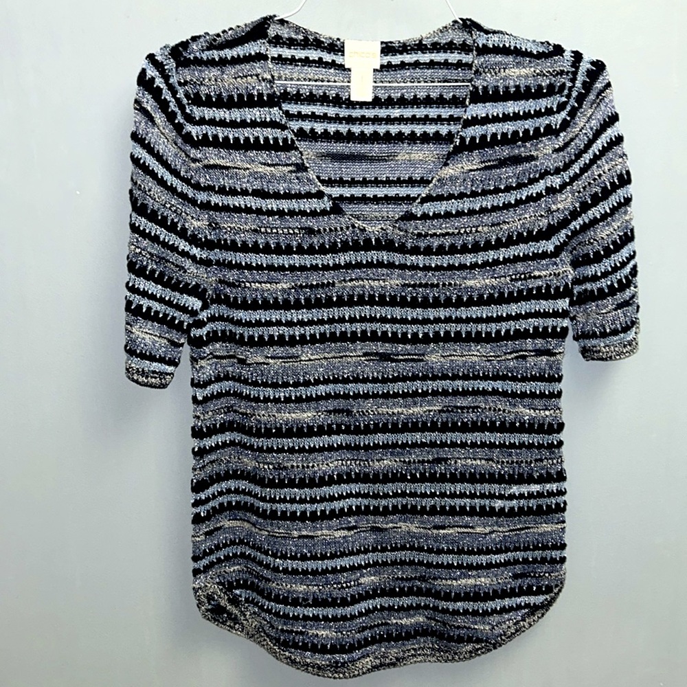 Chico’s Blue and Silver Metallic Sheer Top  - Medium